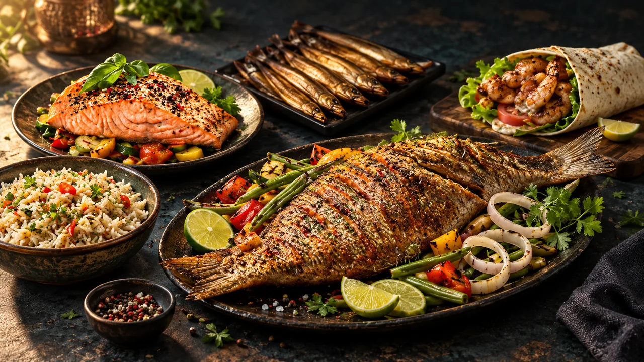 Gegrillter Fisch, Gemüse und weitere Speisen aus der Barracuda-Bay-Bildwelt
